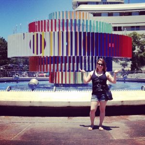 Rachel Wolf standing by the Fire and Water fountain at Dizengoff Square in Tel Aviv.