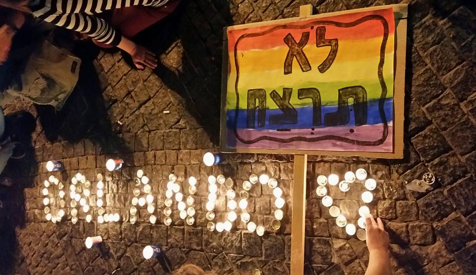 "Don't kill" sign and candles at Orlando terror attack vigil held in Zion Square, Jerusalem.