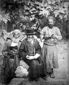 Two Sephardic Jews with an Ashkenazi in Jerusalem, 1895. Source: jewishhistory.org