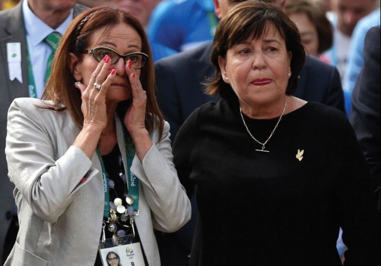 Ilana Rimano (left) and Ankie Spitzer – widows of two of the murdered Israeli athletes at the 1972 Munich Olympics – at memorial event in Rio. Source: Reuters, via JPost