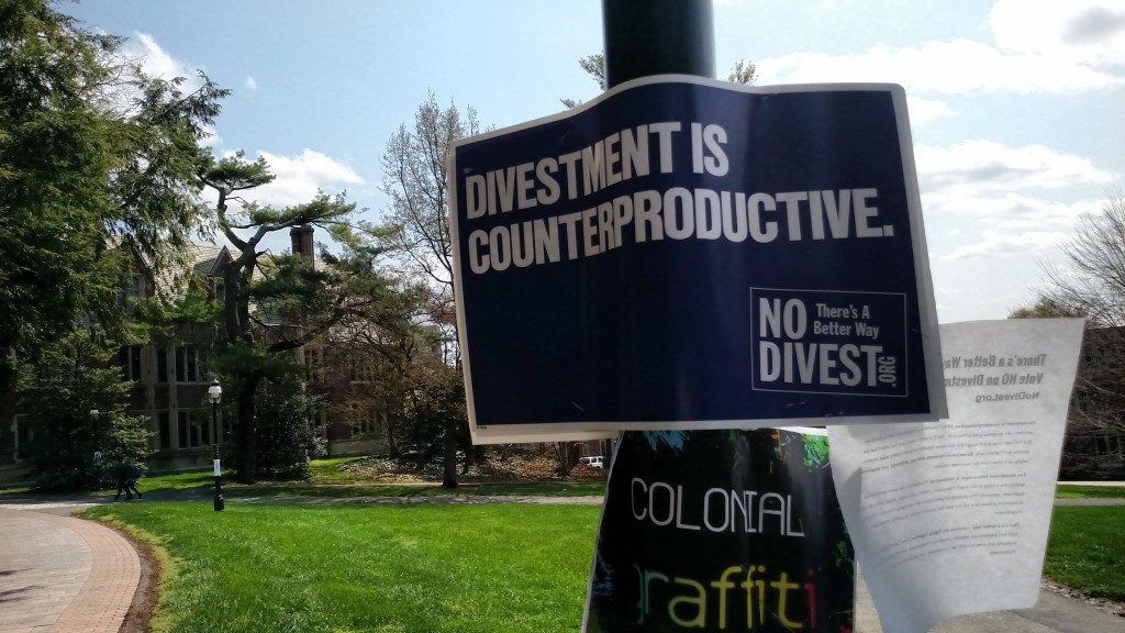 An anti-divestment sign on the Princeton campus.