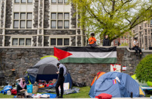 Students and pro-Palestinian supporters occupy a plaza at the City College of New York campus, during the ongoing conflict between Israel and the Palestinian Islamist group Hamas, in New York City, U.S., April 27, 2024 (photo credit: REUTERS/David Dee Delgado)