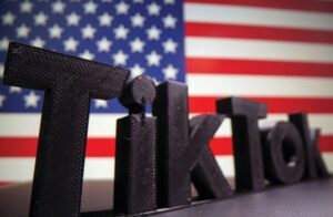 3D-PRINTED TIKTOK logo is seen in front of a US flag, 2020. The hashtag #FreePalestine is used in 35 million videos on TikTok, the author points out. (photo credit: DADO RUVIC/REUTERS)