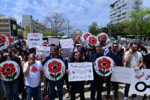 Arab Israelis and Israeli left-wing activist students, during a rally marking Nakba Day at Tel Aviv University on May 14, 2025. Photo by Tomer Neuberg/Flash90.